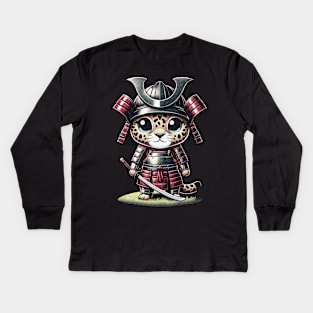 Kawaii Samurai Cute Animal Cub Jaguar with Katana Warrior Kids Long Sleeve T-Shirt